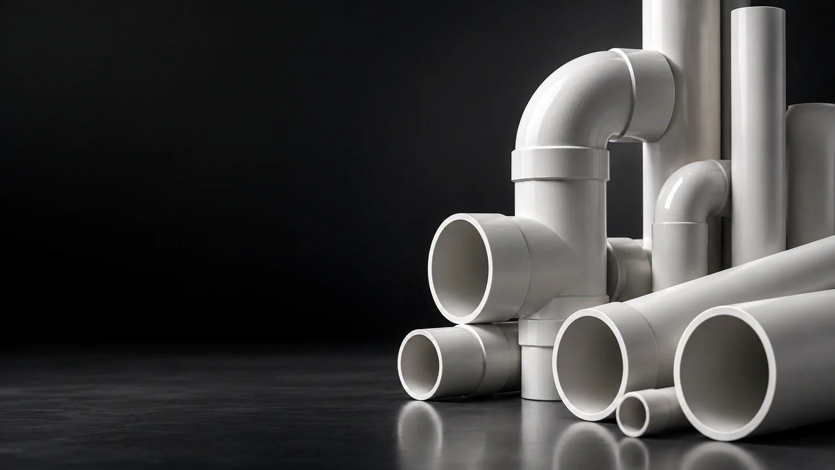 Illustrative white polymer pipes and elbow fittings
