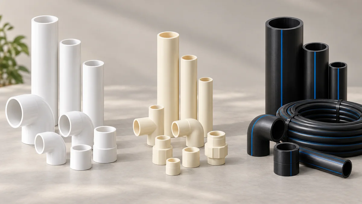 Illustrative white uPVC pipes, cream CPVC fittings and black HDPE piping